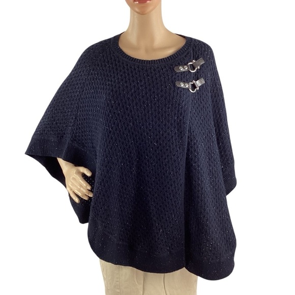 Talbots Sweaters - Talbots Navy Wool Blend Knit Poncho Sweater XS